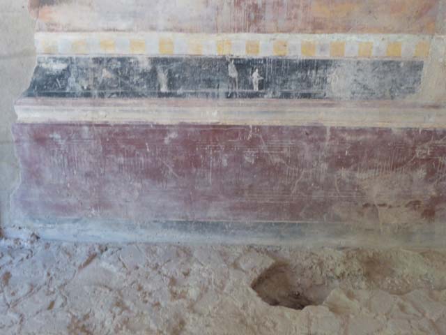 VIII.1.a, Pompeii. June 2017. Oecus A, detail from west end of north wall of Bacchic procession, from the predella frieze. Photo courtesy of Michael Binns.
