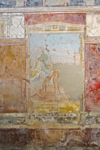 VIII.1.a, Pompeii. May 2018. Detail of central painting of Theseus and Minotaur, from east wall.
Photo courtesy of Buzz Ferebee.
