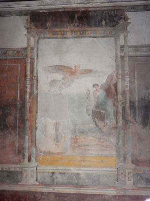 VIII.1.a, Pompeii. May 2018. Detail of central painting of Fall of Icarus, from south wall.
Photo courtesy of Buzz Ferebee.
