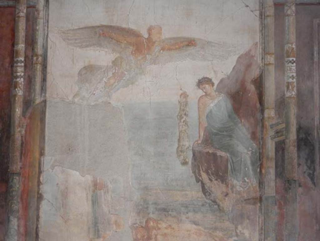 VIII.1.a, Pompeii. May 2018. Painted panel from east end of south wall of seated Poetess, Corinna, Sapho.
Photo courtesy of Buzz Ferebee
