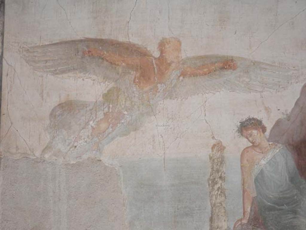 VIII.1.a, Pompeii. June 2017. Painted panel from east end of south wall of seated Poetess, Corinna, Sapho.
Photo courtesy of Michael Binns.

