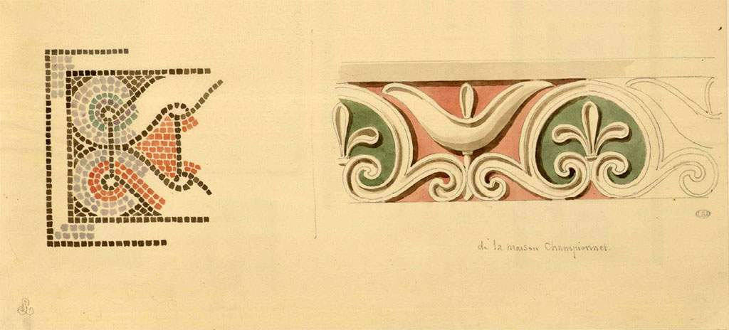 VIII.2.1 Pompeii. Sketch by Jacques Hittorff, showing sketched edge of impluvium in atrium, and part of coloured stucco decoration.
See Hittorff, Jacques Ignace (1792-1867). Carnet de dessins (14), pl. 5.
See Book on INHA reference INHA NUM PC 43236  « Licence Ouverte / Open Licence » Etalab
