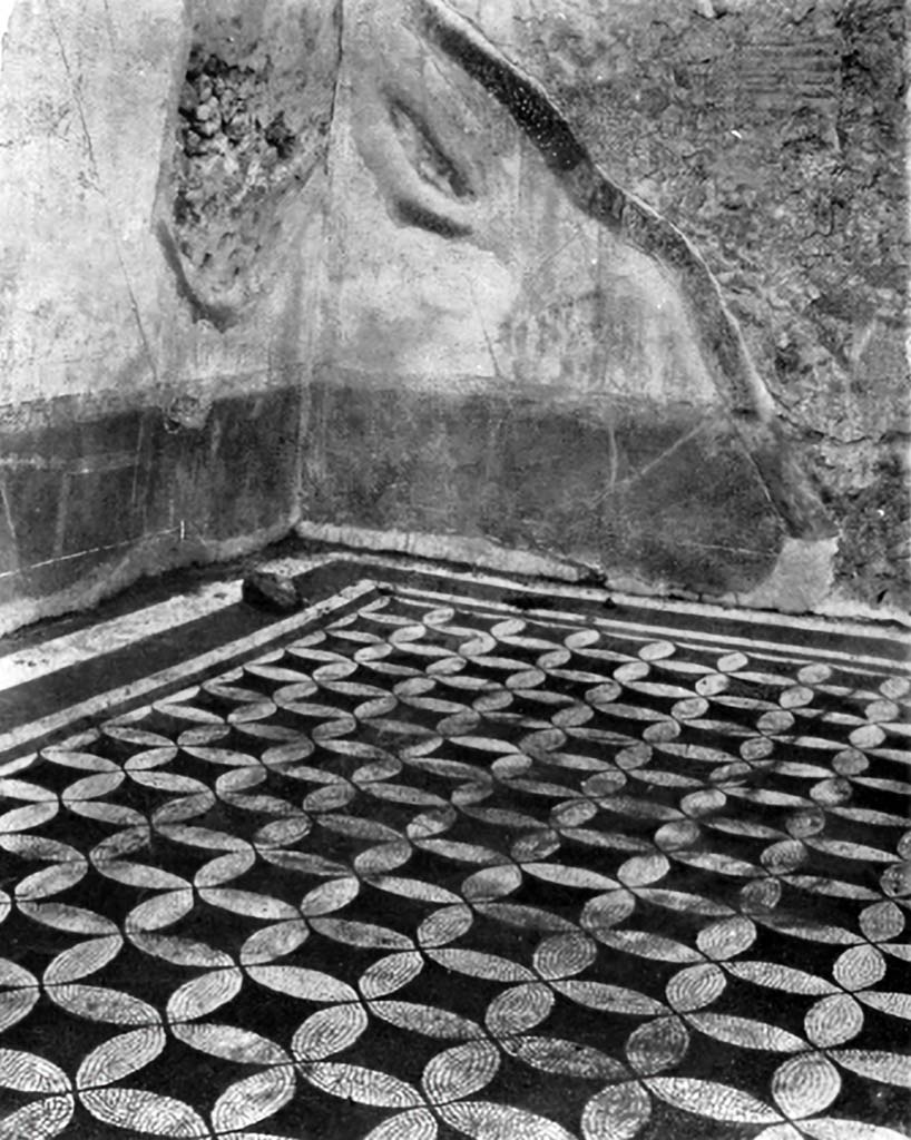 VIII.2.1 Pompeii. c.1930. 
Looking across mosaic flooring in triclinium in north-east corner, on east side of atrium.
See Blake, M., (1930). The pavements of the Roman Buildings of the Republic and Early Empire. Rome, MAAR, 8, (p. 97,109, & Pl.24, tav.4).
