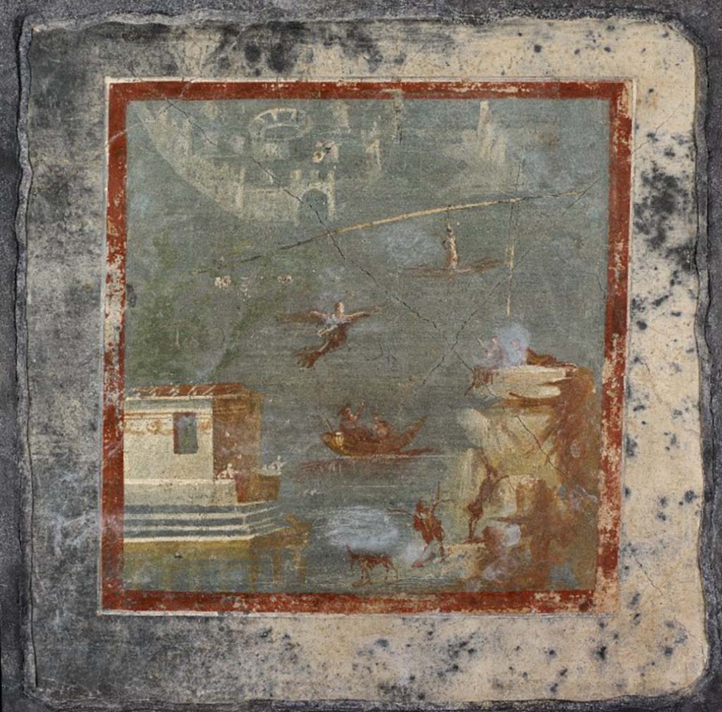 VIII.2.1 Pompeii. Triclinium on east side of atrium. Painting of Daedalus and Icarus with coastal city and amphitheatre in background.
Photo © Trustees of the British Museum. Inventory number BM 1867,0508.1355, companion to BM 1867,0508.1354. 
Use subject to CC BY-NC-SA 4.0.
