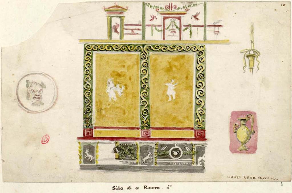 VIII.2.1 Pompeii. Between 1819 and 1832, sketch by W. Gell of a side of a room probably wall of exedra/oecus on east side of atrium.
(Note: the head of the figure in the medallion, may be a drawing of the one shown in the mystery room, from either this or lower floor, at end of Part 3.)
See Gell, W. Pompeii unpublished [Dessins de l'édition de 1832 donnant le résultat des fouilles post 1819 (?)] vol II, pl. 21.
Bibliothèque de l'Institut National d'Histoire de l'Art, collections Jacques Doucet, Identifiant numérique Num MS180 (2).
See book in INHA Use Etalab Licence Ouverte
