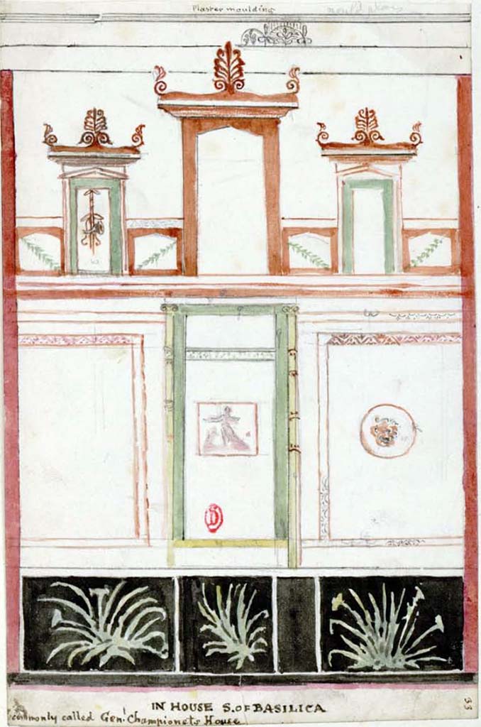 VIII.2.1 Pompeii. Between 1819 and 1832, sketch by W. Gell of painted wall decoration in room of “House south of Basilica”.
See Gell, W. Pompeii unpublished [Dessins de l'édition de 1832 donnant le résultat des fouilles post 1819 (?)] vol II, pl. 20.
Bibliothèque de l'Institut National d'Histoire de l'Art, collections Jacques Doucet, Identifiant numérique Num MS180 (2).
See book in INHA Use Etalab Licence Ouverte
According to Dessales –
This shows a reproduction of a painted wall in VIII.2.1, the east or north wall of triclinium "ζ".  See PPM, VIII, p.44, no.28-29. 
See Dessales, H. (2019). Recueils de William Gell – Pompei, publiée et inédite, 1801-1829. France, Paris, INHA. (p.256 and p.395).

