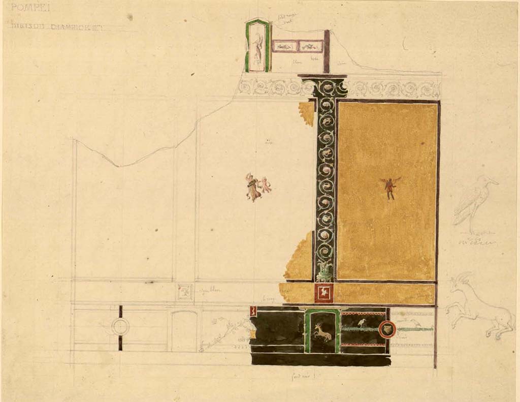 VIII.2.1 Pompeii. Between 1823 and 1828 painting/drawing by F. Duban of a wall of room, probably exedra/oecus.
See Duban F. Album de dessins d'architecture effectués par Félix Duban pendant son pensionnat à la Villa Medicis, entre 1823 et 1828 : Tome 2, Pompéi, pl. 55.
INHA Identifiant numérique NUM PC 40425 (2)
https://bibliotheque-numerique.inha.fr/idurl/1/7157  « Licence Ouverte / Open Licence » Etalab
