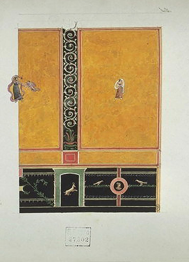 VIII.2.1 Pompeii. 1821 painting of wall by Prosper Barbot.
From an album P. BARBOT. Voyage d'architecture en Italie. 1820-1822. Naples du 3 mai au 19 juin 1821.
© Réunion des musées nationaux - utilisation soumise à autorisation
See https://www.pop.culture.gouv.fr/notice/joconde/50350225993 
