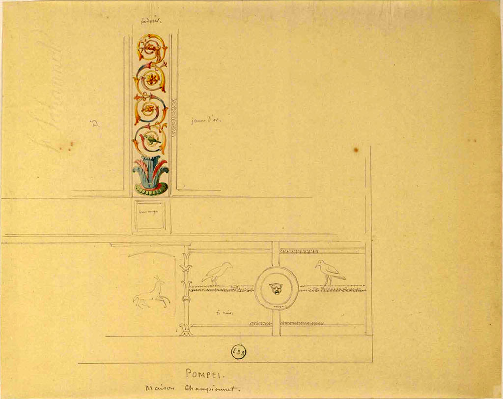 VIII.2.1 Pompeii. Drawings of decorations from a side of a room probably wall of exedra/oecus on east side of atrium.
See Lesueur, Jean-Baptiste Ciceron. Voyage en Italie de Jean-Baptiste Ciceron Lesueur (1794-1883), pl. 82.
See Book on INHA reference INHA NUM PC 15469 (04)  « Licence Ouverte / Open Licence » Etalab

