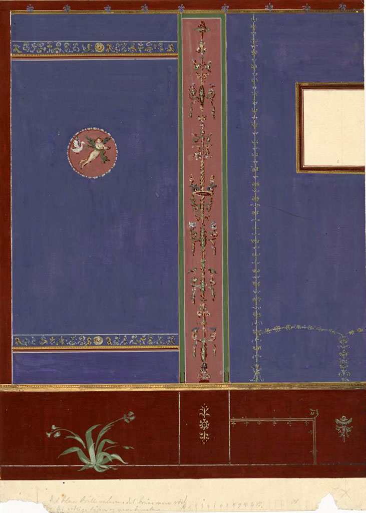 VIII.2.1 Pompeii, painting by Gottlieb Bindesbøll (1800-1856), of wall in triclinium, or cubiculum.
Photo © Danmarks Kunstbibliotek inv no ark_16099-100.

