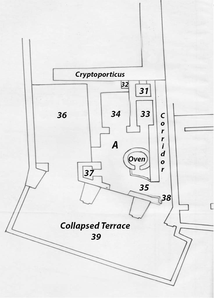 VIII.2.1 Pompeii.  1937 plan of Lower level 1, rooms discovered between the end of 1936 and April 1937.
After AS-MANN, II Inv. b.142 f.18.
See Zanella S., 2019. La caccia fu buona: Pour une histoire des fouilles à Pompéi de Titus à l’Europe. Naples : Centre Jean Bérard, p. 252, fig. 143.
