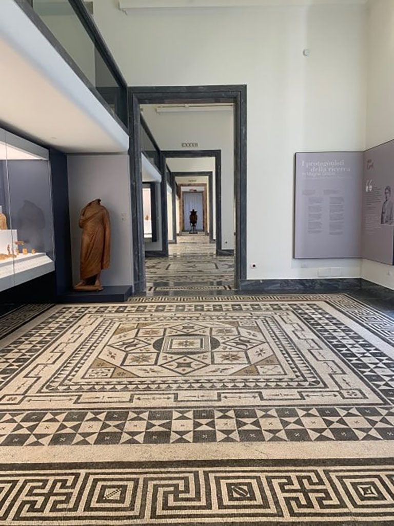 VIII.2.1 Pompeii, or Villa Urbana, Varano, Stabia. Mosaic on floor in Naples Museum. 
According to Zanella –
This mosaic, shown on page 107, fig.49, a drawing by L. Destouches, 1816-1817; (collection Pierre Pinon); is described as being from Casa di Championnet.
See Zanella S., 2019. La caccia fu buona: Pour une histoire des fouilles à Pompéi de Titus à l’Europe. Naples : Centre Jean Bérard, (P.107).
The meander band surrounding the edge of the mosaic floor is thought to be from a room in the Secondo Complesso at Stabia
See Pisapia, floor no. 124 in centre from Villa Urbana, Stabia, with meander border no. 112 around edge. 
See Pisapia, M. S. 1989, in Mosaici antichi in Italia, Regione prima. Stabia, Roma, (p.56 for no. 112, and p.67-70, for no.124).


