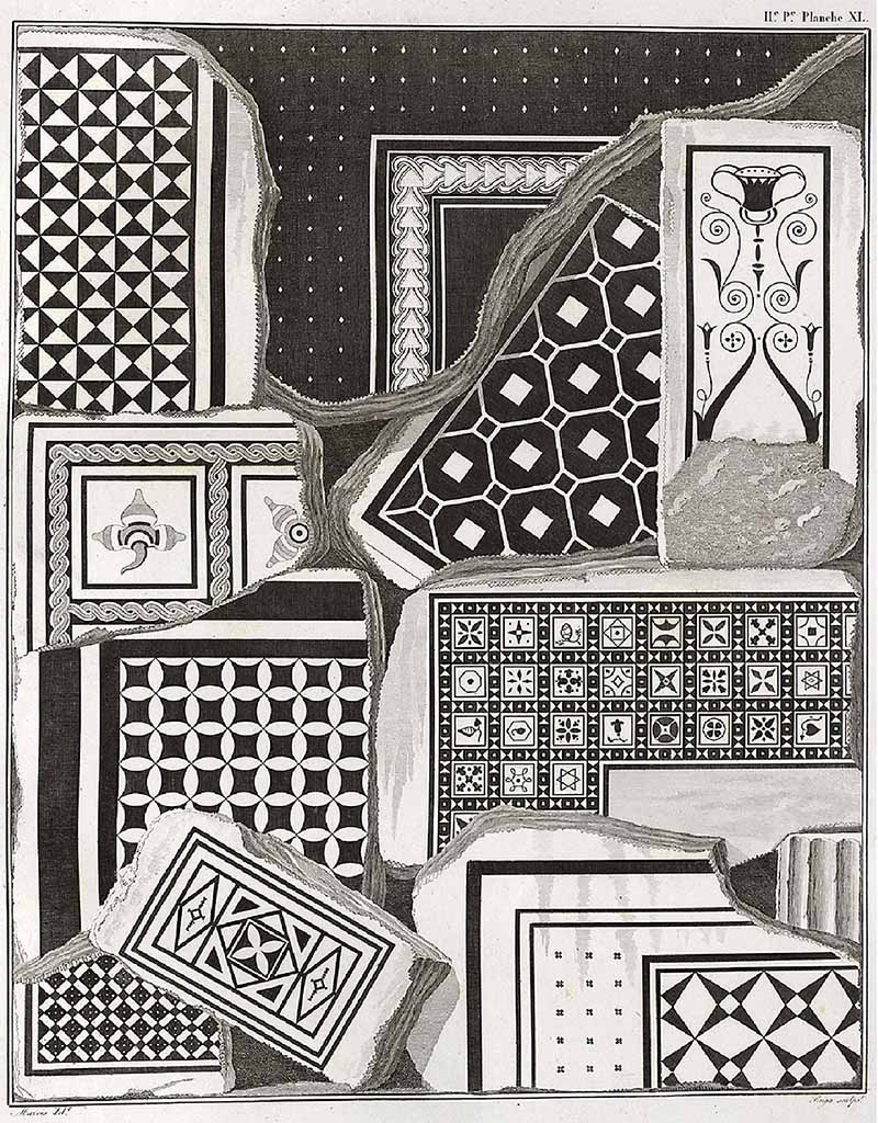 VIII.2.1 Pompeii. c.1820’s. Mosaics from Championnet, VIII.2.1 or VIII.2.3.
See Mazois, F., 1824. Les Ruines de Pompei : Second Partie. Paris : Firmin Didot, pl. XL.
