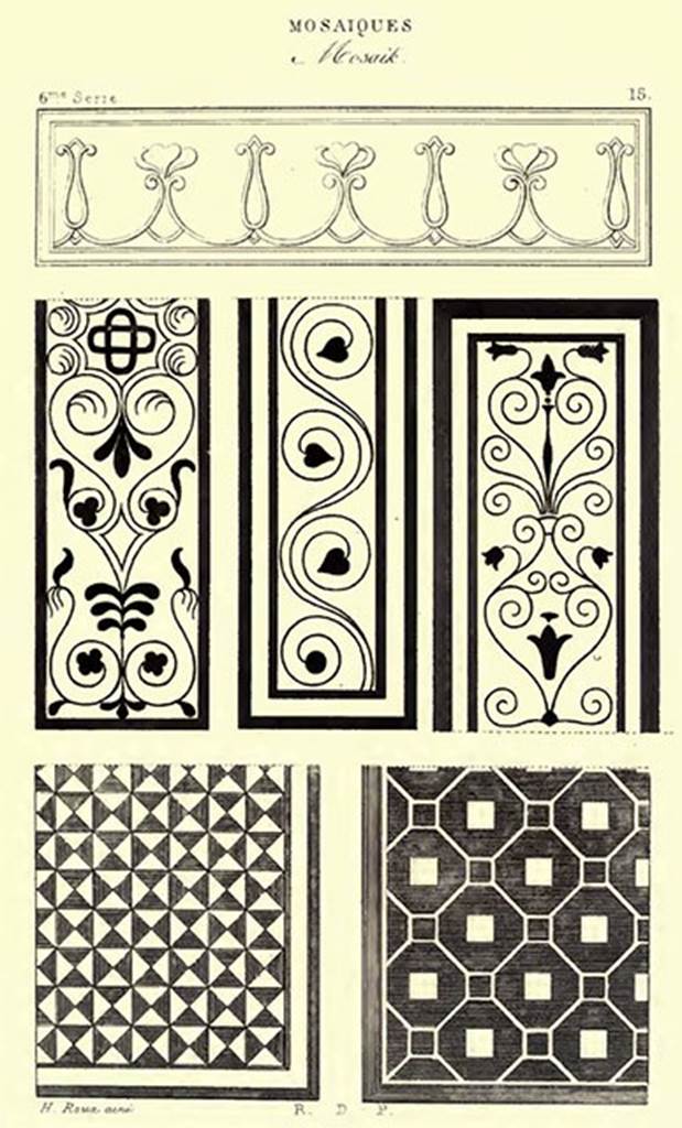 VIII.2.1 Pompeii. Mosaic. 
The lower two are from (on the left), the oecus on the east side of atrium, (and on the right), the west end of corridor in south-east corner of atrium.
The others may or may not be from this house.
According to Roux, “The fragments, which occupy the top and the bottom of this plate, don’t show any colour other than black and white, the designs are quite ordinary. 
Those in the middle are more curious, consisting of a happy curvature of scrolls and leaves.  
By completing the drawing on which we give here only half, we see that these marble bands would have had to decorate the thresholds or the floor between the columns of the porticos.”
See Roux, H., 1840. Herculanem et Pompei recueil général des Peintures, Bronzes, Mosaïques : Tome 5. Paris: Didot, Tome 5, 6th series – Mosaics, p.19-20, pl. 15. 




