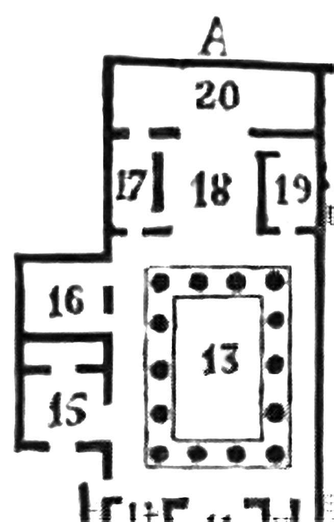 VIII.2.3 Pompeii. Rear (south) part of peristyle/garden area, numbered 13.
15 and 16 – both large bedrooms, separated by a small room/cabinet attached to the first.
17 and 19 – two rooms on either side of large room/oecus, numbered 18.
20 - terrace
According to Breton –
“These rear rooms would have been built over lower rooms, but even in 1855, they would have been nearly entirely destroyed.”
See Breton, Ernest. 1855. Pompeia, decrite et dessine : Seconde édition. Paris, Baudry. p.340-341 (part of plan on p.340).