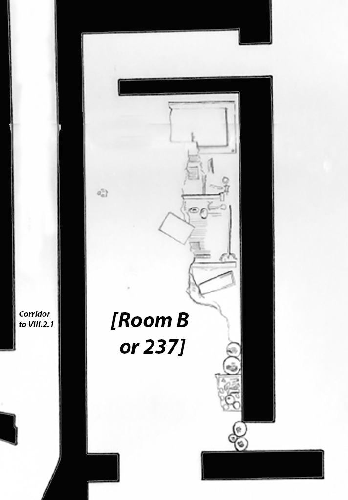 VIII.2.3 Pompeii. 1937. Plan showing triclinium B (room 237) and the position of the furniture discovered. After AS-MANN, II Inv. 142 f. 16 D3.
See Zanella S., 2019. La caccia fu buona: Pour une histoire des fouilles à Pompéi de Titus à l’Europe. Naples : Centre Jean Bérard, p. 262, fig. 152.
From 28th January 1937 (p.257), many objects were found on the layer of ash near the floor towards the east wall of Room B, (or VIII.2.3-5, room 237).
Many of the items found are listed on pages 257 – 268.
On the 6th February 1937 (p.266) –
“In room B, the work of cleaning the signinum floor continued, taking care to observe the alluvial mud layers in detail.
Found near the eastern face of the imprint of the couch, were: Bronze:..... Bone:..... Glass paste:.....
During the collection of the objects, several stuccoes of the central painting from the eastern wall were recovered among the rubble.”
On the 9th February 1937 (p.268) –
“in this room, the collection of the fragments of the stucco from the central painting had also been completed, which from its recomposition had resulted in a painting 1.10m x 0.75m; it depicted the myth of Acteon and Diana in a pictorial version different from the well-known representation.”
See Zanella S., 2019. La caccia fu buona: Pour une histoire des fouilles à Pompéi de Titus à l’Europe. Naples : Centre Jean Bérard, pp. 257-268.