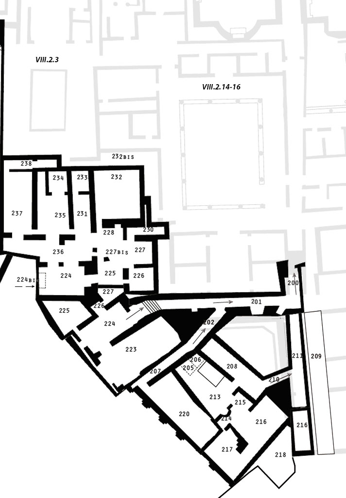 VIII.2.14-16 Pompeii. Plan of lower level, courtesy of Sandra Zanella.
See Zanella S., 2019. La caccia fu buona: Pour une histoire des fouilles  Pompi de Titus  lEurope. Naples : Centre Jean Brard, planche II.

