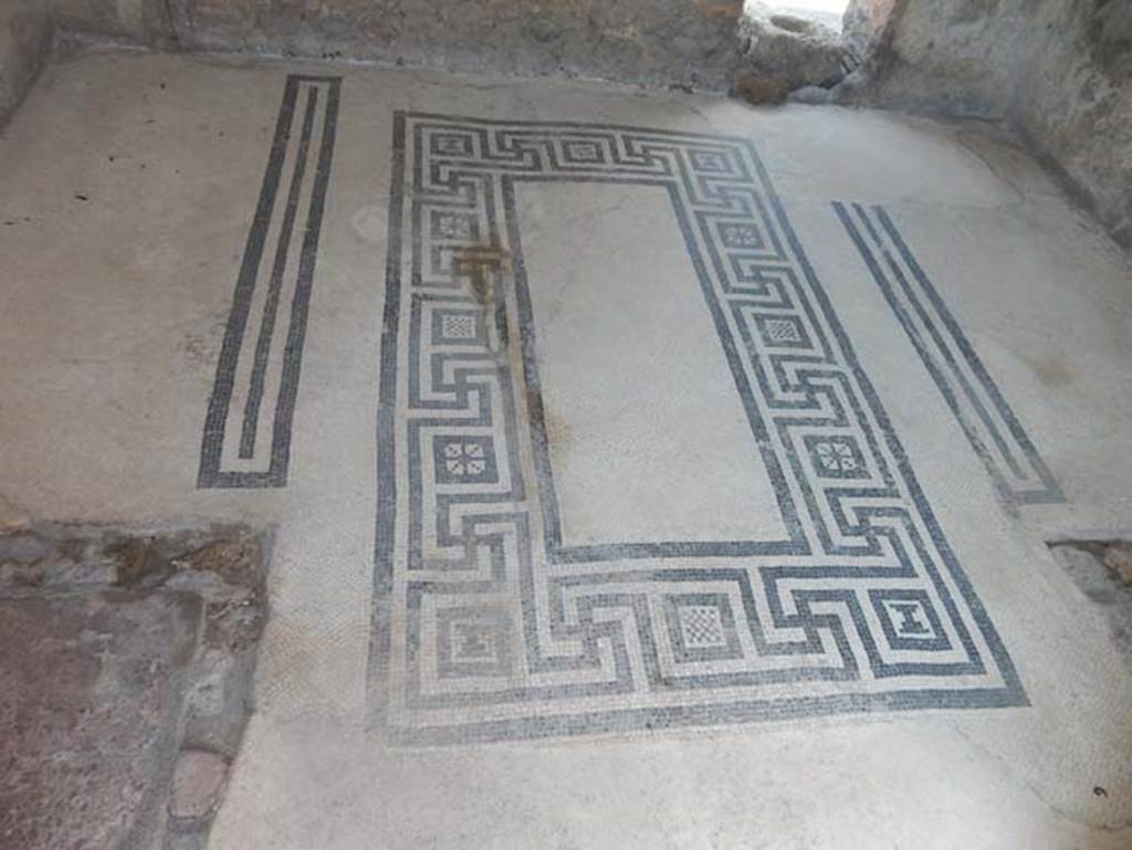 VIII.2.16 Pompeii. May 2018. Flooring in cubiculum on north side of atrium showing two areas for separate beds.  Photo courtesy of Buzz Ferebee.
