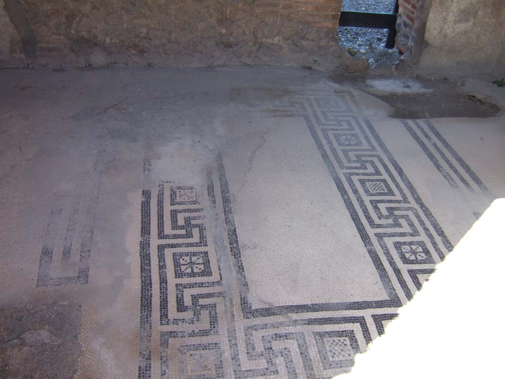 VIII.2.16 Pompeii. September 2005. Mosaic floor in two-bedded cubiculum on north side of atrium.
On both sides of the central mosaic motif was a mosaic delineation for a bed on either side.

