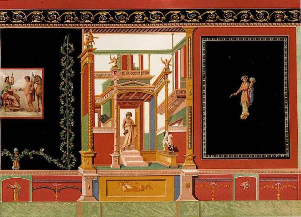 VIII.2.18 Pompeii. According to Niccolini this is a painting from Level 1, atrium 4, north wall.
Mau in 1890 identified it as Bellerophon receiving the fatal letter from a priest, from the centre of the north wall.
Sogliano in 1893 argued it was Hermes, Argo and Io, and from the centre of the north wall.
Koloski Ostrow considered the presence of the majestic horse, perhaps Pegasus, made Mau’s interpretation more plausible.
See Koloski Ostrow, A., 1990. The Sarno Bath Complex. Roma: L’Erma di Bretschneider, page 111, plate 60.
See Niccolini F, 1896. Le case ed i monumenti di Pompei: Volume Quarto. Napoli. (p.56-7 and Tav. XIX.)
See Mau in Bullettino dell’Instituto di Corrispondenza Archeologica (DAIR), 05, 1890, (p.116-7).
See Sogliano in Notizie degli Scavi di Antichità, 1893, (p.38-40).