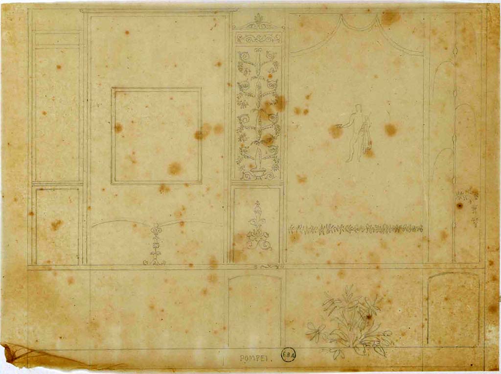 VIII.2.18 Pompeii. Undated drawing by Lesueur, possibly showing south/west wall of tablinum.
See Lesueur, Jean-Baptiste Ciceron. Voyage en Italie de Jean-Baptiste Ciceron Lesueur (1794-1883), pl. 98.
See Book on INHA référence INHA NUM PC 15469 (04) « Licence Ouverte / Open Licence » Etalab