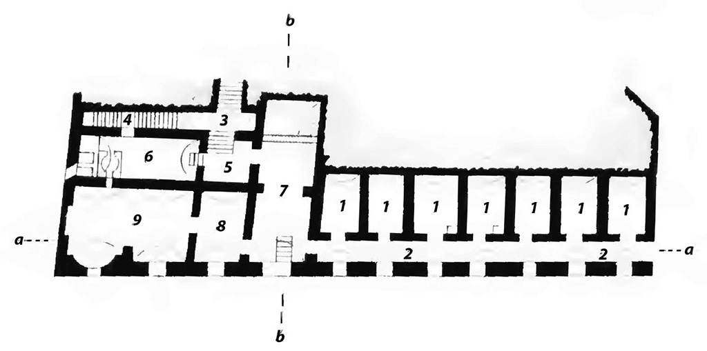 VIII.2.18 Pompeii. Plan drawn in BdI, 1890, showing the area on level 4.
Room 7 on above plan is the apodyterium, or waiting room, also described as frigidarium, no.53, with the plunge pool at the north end, no.54.
Room 8 is the tepidarium.
Room 9 is the caldarium.
See Bullettino dell’Instituto di Corrispondenza Archeologica (DAIR), 05, 1890, Tav. 6,1 (plan), p.130-138, (for description of rooms).