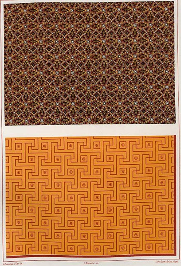 VIII.2.18 Pompeii. Two decorations which, according to Niccolini, were both from this house.
See Niccolini F, 1896. Le case ed i monumenti di Pompei: Volume Quarto. Napoli. Tav. VII.
(note: these had already been entered in VIII.2.26, upper drawing, and VIII.2.30, lower drawing).
According to PPM –
VIII.2.26, triclinium 6:
Niccolini's panel reconstructs the scheme of the decoration of the vault with a combination of lozenges, triangles and squares outlined in red and yellow on a black background to obtain a design of stars within dodecagons. Palmettes and small corolla with four petals, in the centre of the geometric elements, complete the decoration.
See Carratelli, G. P., 1990-2003. Pompei: Pitture e Mosaici: Vol. VIII. Roma: Istituto della enciclopedia italiana, (p.224, no.64).
VIII.2.30, triclinium 17 on the first lower floor, north wall:
With the exception of the zoccolo/dado/plinth painted in black, the walls and vault of this room were uniformly painted yellow with a network of swastika meanders and red squares which unfolded continuously on all the surfaces.
See Carratelli, G. P., 1990-2003. Pompei: Pitture e Mosaici: Vol. VIII. Roma: Istituto della enciclopedia italiana, (p.260, photograph no.37)
Niccolini's panel proposes a detail of the continuous decoration of this environment with the faithful restitution of the colours and the detail of the four-petal rosette in the squares.
See Carratelli, G. P., 1990-2003. Pompei: Pitture e Mosaici: Vol. VIII. Roma: Istituto della enciclopedia italiana, (p.261, no. 38)