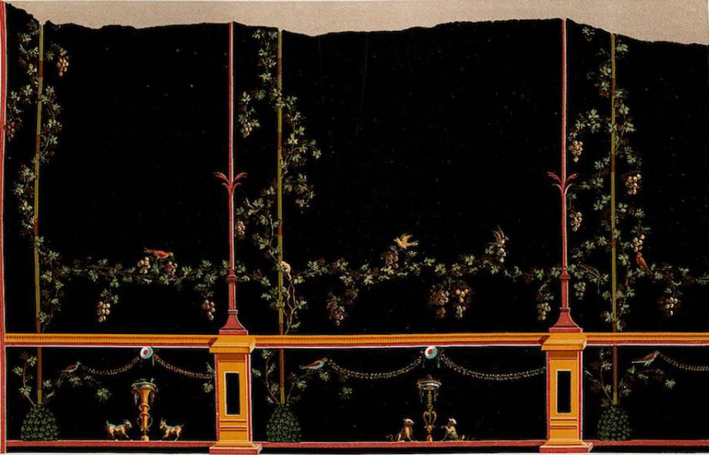 VIII.2.18-20 Pompeii. According to Niccolini this is a painting of Level 1 viridarium 20 corridor 18.
According to Koloski Ostrow it is from peristyle 18, north-east wall.
See Koloski Ostrow, A., 1990. The Sarno Bath Complex. Roma: L’Erma di Bretschneider, plate 70.
See Niccolini F, 1896. Le case ed i monumenti di Pompei: Volume Quarto. Napoli. NS Tav. II.