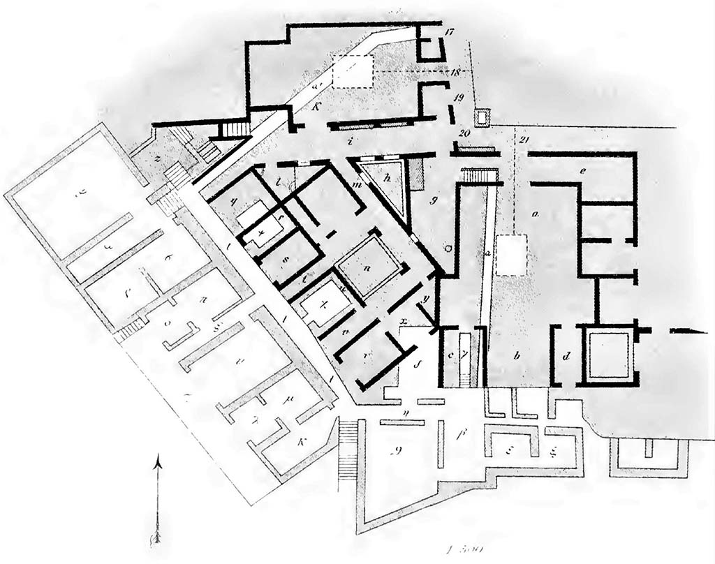 VIII.2.21 Pompeii, on right. Tav 5, no.2, as from BdI, 1890, showing rooms (i) and (k), lower right. 
Room i would appear to be room 96, on level 3. (Room ε in PPM and BdI)
Room k would appear to be room 95, on level 3. (Room ζ in PPM and BdI)
See Bullettino dellInstituto di Corrispondenza Archeologica (DAIR), 5, 1890, (p.206-207).

