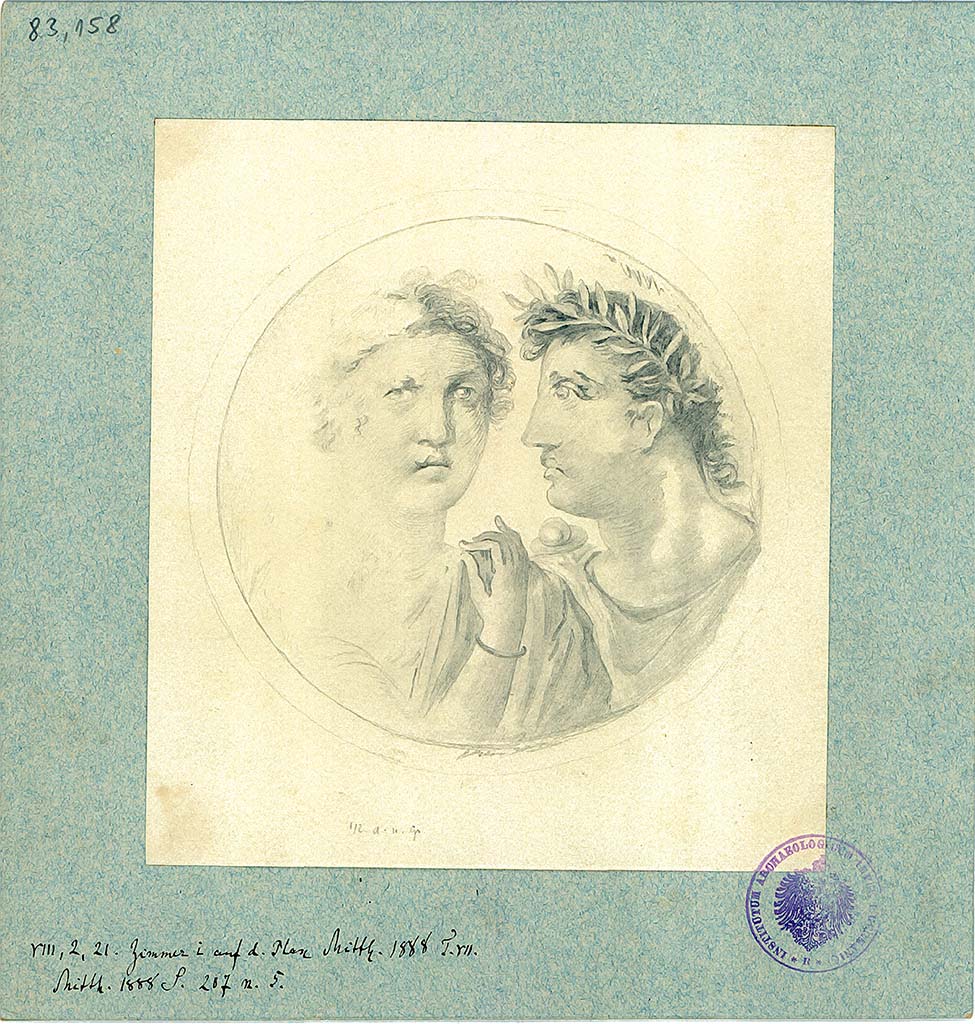 VIII.2.21 Pompeii. 1888. According to the label, lower left, this a  drawing of painting from room i of the plan BdI 1888, Tav. VII.
DAIR 83.158. Photo  Deutsches Archologisches Institut, Abteilung Rom, Arkiv. 


