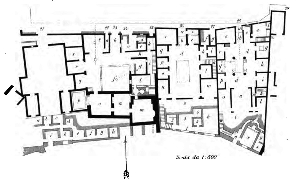 VIII.2.21 Pompeii, on left. Tav. VII, as from BdI 1888.
Room i would appear to be room 96, on level 3, as in Koloski Ostrow, below.
Room k would appear to be room 95, on level 3.
