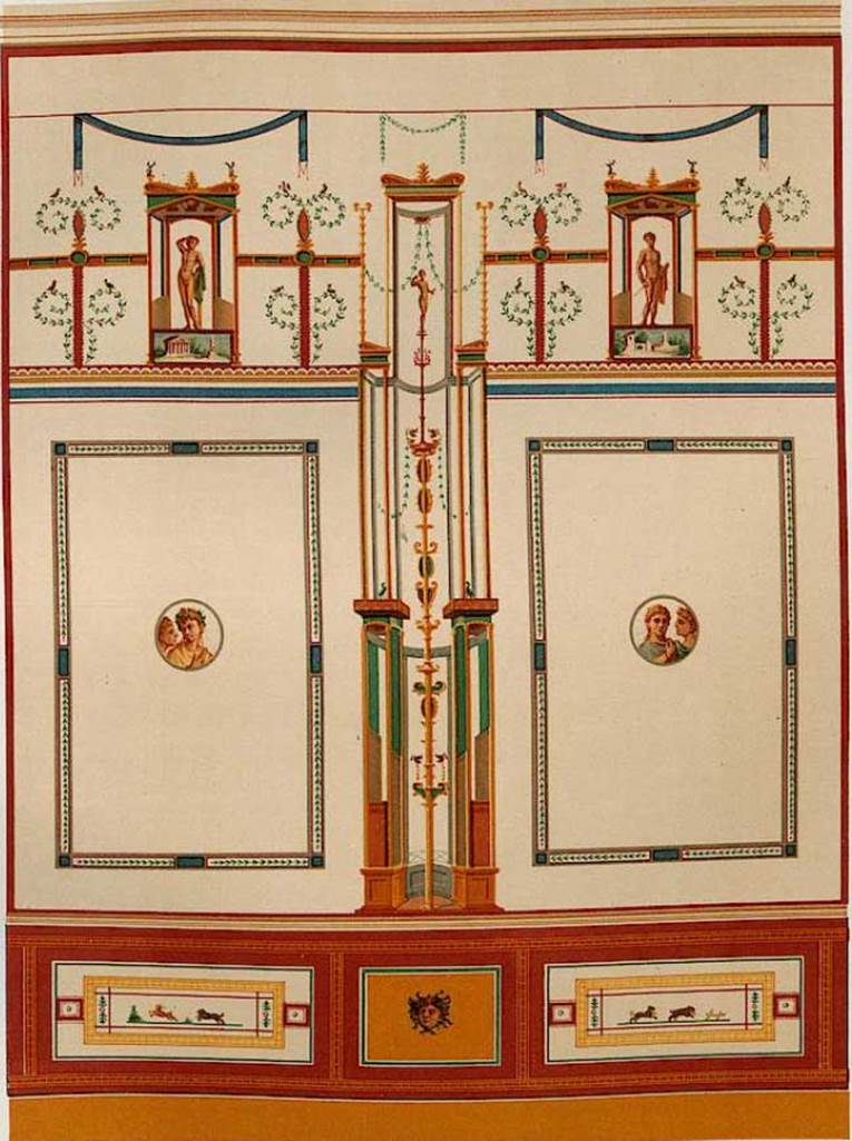 VIII.2.21 Pompeii. 1896. Level 3 room 95, east wall, west face.
See Koloski Ostrow, A., 1990. The Sarno Bath Complex. Roma: L’Erma di Bretschneider, plate 80.
According to Niccolini it is from VIII.2.18, level 3, room 95.
See Niccolini F, 1896. Le case ed i monumenti di Pompei: Volume Quarto. Napoli. NS Tav. VIII.


