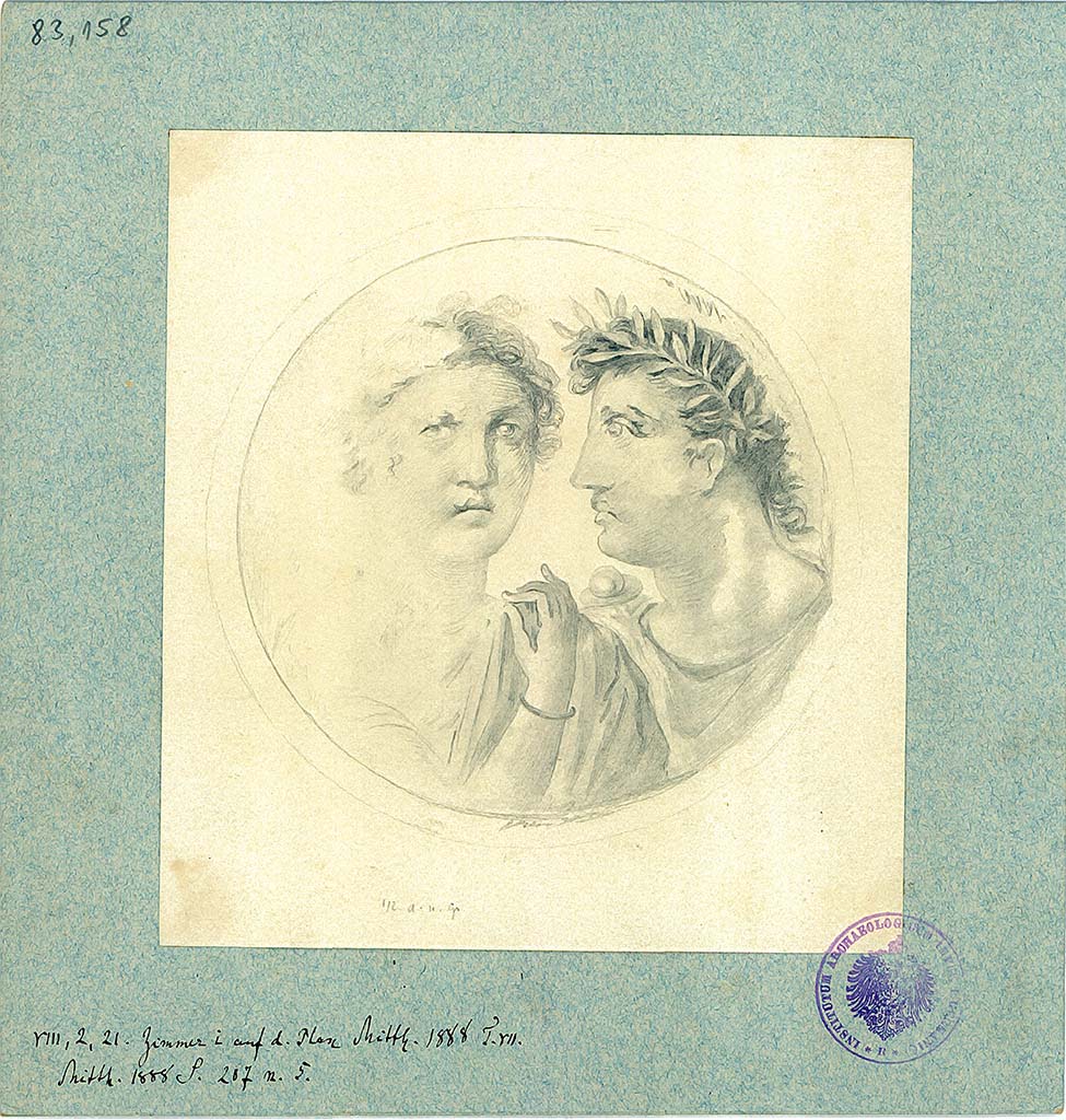 VIII.2.21 Pompeii. 1888. According to the label, lower left, this a  drawing of painting from room “i” of the plan BdI 1888, Tav. VII.
DAIR 83.158. Photo © Deutsches Archäologisches Institut, Abteilung Rom, Arkiv. 

