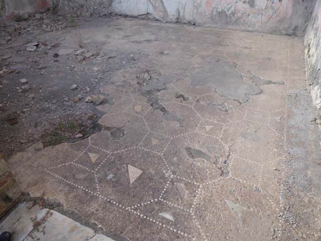 VIII.2.26 Pompeii. September 2011. Room ‘r’, decoration of triclinium floor of cocciopesto, room on west side of vestibule.
There was no design under the couches of the triclinium, in the front of them was placed the “net” of octagons and squares.
In the centre of each was a marble slab/flake and, and in the area of the table, there was a “carpet” of nine circles placed within a frame made by three lines of small tesserae, interspersed with flakes of polychrome marbles and with diamond-shaped tiles at the corners.
Large flakes/scales or tiles of polychrome marble were also in the centre of the circles. 
See Carratelli, G. P., 1990-2003. Pompei: Pitture e Mosaici: Vol. VIII. Roma: Istituto della enciclopedia italiana, p. 206.
In the left lower corner, the marble doorway threshold can be seen.
When excavated the walls would have been painted in the IV style, with a red zoccolo containing panels showing a ‘carpet’ border.
The middle zone of the walls would also have been painted red, with panels separated by architectural motifs.
The west wall was seen to have black side panels, on either side of a red central panel. 
