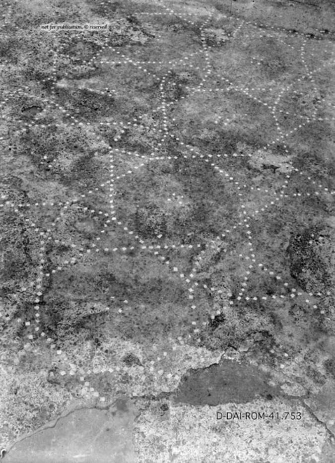 VIII.2.26 Pompeii. c.1930. Cubiculum l (L), flooring of cocciopesto with decoration of octagons and stars.
DAIR 41.753. Photo © Deutsches Archäologisches Institut, Abteilung Rom, Arkiv.
See Pernice, E.  1938. Pavimente und Figürliche Mosaiken: Die Hellenistische Kunst in Pompeji, Band VI. Berlin: de Gruyter, (tav. 45.3, above.)
