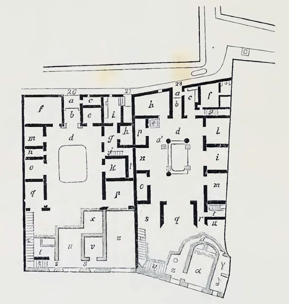 VIII.2.28 Pompeii. 1888 plan of house, on right, combined with VIII.2.26/27 on left.
(Bold black = floor at street level, Grey = lower floor). 
See Notizie degli Scavi di Antichità, 1888, p.510.
