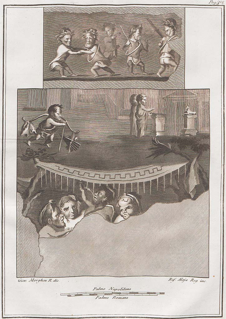 VIII.2.28 Pompeii. Two engravings of paintings found in this room. 
Top: fight between five pygmies.
Now in Naples Archaeological Museum. Inventory number 9090.
Bottom: a nude man with a stick around his neck with many things attached to it, four others are eating under a tent, two women dressed in mantles are near a tree.  
Now in Naples Archaeological Museum. Inventory number 9100.
See Antichità di Ercolano: Tomo Setto: Le Pitture 5, 1779, p.305, Tav. LXVIII.

According to Pagano and Prisciandaro – found 26th August 1758 -
(Note 132 – almost certainly provenanced from the same room was the “fight between five pygmies, three are crowned, one holds a rod, and two have a circular weapon collar”).  (““lotta tra cinque pigmei, tre sono coronati, uno regge un’asta, due hanno un cerchio ad arma collo”).
See Pagano, M. and Prisciandaro, R., 2006. Studio sulle provenienze degli oggetti rinvenuti negli scavi borbonici del regno di Napoli. Naples: Nicola Longobardi, (p.28).

According to PAH -
“A room was discovered with collapsed roof, it was garnished with Sarno stone with much work of pieces of pumice? in the centre there was a niche with a masonry fountain, garnished with a mosaic of many colours that had been drained by the ancients (che era stata drizzata dagli antichi): there were two bands of mosaic in many colours, the first of a palm and two on, by three and eight (0.31m x 0.97m).
Four paintings were discovered in front of the fountain: 

(Not cut) – of a landscape with two trees, the sea with two boats, one being rowed by four men, one lying down, one playing the harp, under the boat was an animal similar to a crocodile.
(Not cut) – another, with a man on a tree with something in his right hand, which seems to pull an animal. 
Another which shows a nude man with a stick around his neck with many things attached to it, four others are eating, one drinking from a water bottle under a tent, two women dressed in mantles are near a tree.  (NAP 9090, 9100). AdE VII, 68, 305, see above.
(Not cut) – of a landscape, showing a tower and two trees, a duck, a person with a stick in their hand.

The room was adorned with marble, which had already been stripped by the ancients.”
See Fiorelli G., 1860. Pompeianarum antiquitatum historia, Vol. 1: 1748 - 1818, Naples, 1, 78, (26th August 1758) and Addendum 138.
