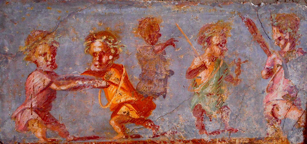 VIII.2.28 Pompeii. Painting of a fight between five pygmies, found in this room. 
According to Pagano and Prisciandaro – found 26th August 1758 -
(Note 132 – almost certainly provenanced from the same room was the “fight between five pygmies, three are crowned, one holds a rod, and two have a circular weapon collar”).  (““lotta tra cinque pigmei, tre sono coronati, uno regge un’asta, due hanno un cerchio ad arma collo”).
See Pagano, M. and Prisciandaro, R., 2006. Studio sulle provenienze degli oggetti rinvenuti negli scavi borbonici del regno di Napoli. Naples: Nicola Longobardi, (p.28).
See Antichità di Ercolano: Tomo Setto: Le Pitture 5, 1779, p.305, Tav. LXVIII.
Now in Naples Archaeological Museum.
Our thanks to Rachel Lowder for helping with this.
