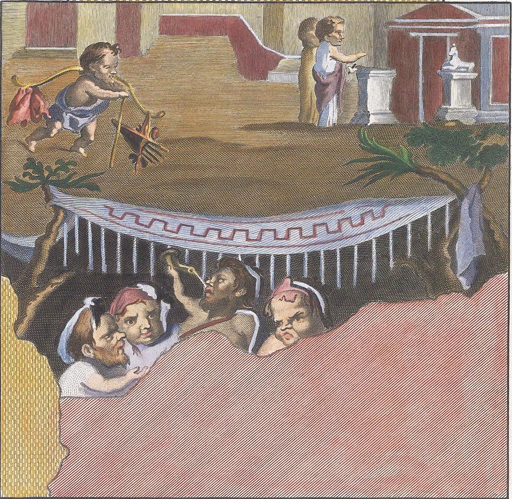VIII.2.28 Pompeii. Painting by G. Morghen, 1762, of a nude man with a stick around his neck with many things attached to it, four others are eating, one drinking from a water bottle under a tent, two women dressed in mantles are near a tree, found in this room. 
Now in Naples Archaeological Museum. Inventory number 9100.
Our thanks to Rachel Lowder for helping with this.
See Antichità di Ercolano: Tomo Setto: Le Pitture 5, 1779, p.305, Tav. LXVIII.
See Fiorelli G., 1860. Pompeianarum antiquitatum historia, Vol. 1: 1748 - 1818, Naples, 1, 78, (26th August 1758) and Addendum 138.
