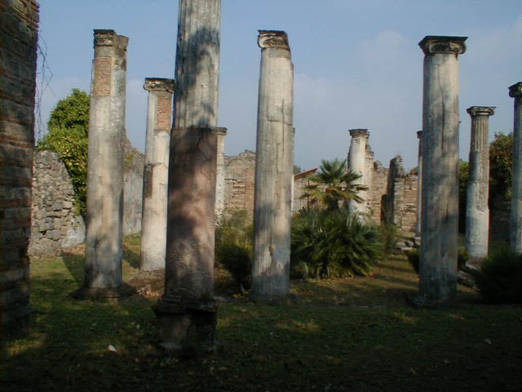 VIII.3.8 Pompeii. September 2004. Looking north-west across peristyle, from large exedra. On the left can be seen the second of the columns that decorated the entrance doorway from peristyle to exedra.
