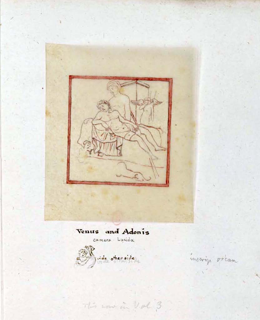 VIII.3.12 Pompeii. Between 1819 and 1832, sketch by W. Gell of painting of Venus and Adonis.
See Gell, W. Pompeii unpublished [Dessins de l'édition de 1832 donnant le résultat des fouilles post 1819 (?)] vol II, pl. 41.
Bibliothèque de l'Institut National d'Histoire de l'Art, collections Jacques Doucet, Identifiant numérique Num MS180 (2).
See book in INHA Use Etalab Licence Ouverte

