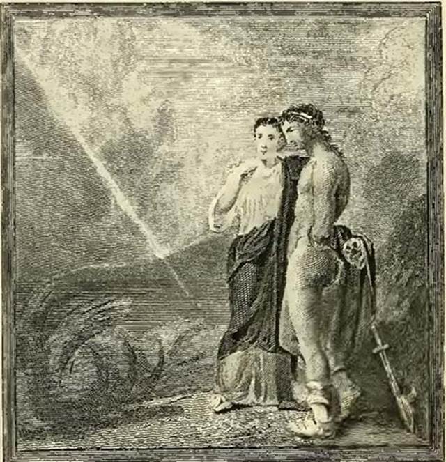 VIII.3.14 Pompeii. Wall in left Ala. 1875 drawing of painting of Perseus and Andromeda.
According to Gell, this, without doubt, represents Perseus, after having liberated Andromeda, and petrified the sea-monster, to which she had been exposed. 
The wings upon his head and feet; 
The head of the Gorgon Medusa, held behind him, lest by its view the beholder should be turned to stone; 
The harpe, or two-pointed, scythe-like, adamantine sword, he received from Vulcan; 
All clearly point out the son of Jupiter and Danae.
Andromeda wears a pink or white tunic, with a blue peplum.
See Gell W and Gandy J, 1875. Pompeiana. London: Chatto and Windus. p. 105, pl. 43.
See Schefold, K., 1957. Die Wände Pompejis. Berlin: De Gruyter. p. 221.
See Helbig, W., 1868. Wandgemälde der vom Vesuv verschütteten Städte Campaniens. Leipzig: Breitkopf und Härtel. (no.1191)
