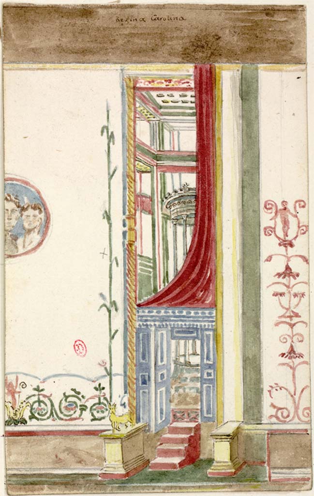 VIII.3.14, Pompeii. c.1819 painting by W. Gell showing part of painted decoration at the side of the central panel.
See Gell W & Gandy, J.P: Pompeii published 1819 [Dessins publiés dans l'ouvrage de Sir William Gell et John P. Gandy, Pompeiana: the topography, edifices and ornaments of Pompei, 1817-1819], pl. 73.
See book in Bibliothèque de l'Institut National d'Histoire de l'Art [France], collections Jacques Doucet Gell Dessins 1817-1819
Use Etalab Open Licence ou Etalab Licence Ouverte
