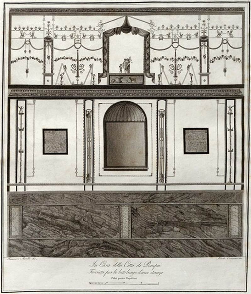 VIII.3.14 Pompeii. Painting by F. Morelli, published in 1838, of south wall with niche.
See Gli ornati delle pareti ed i pavimenti delle stanze dell'antica Pompei incisi in rame: 1838, tav. 63.