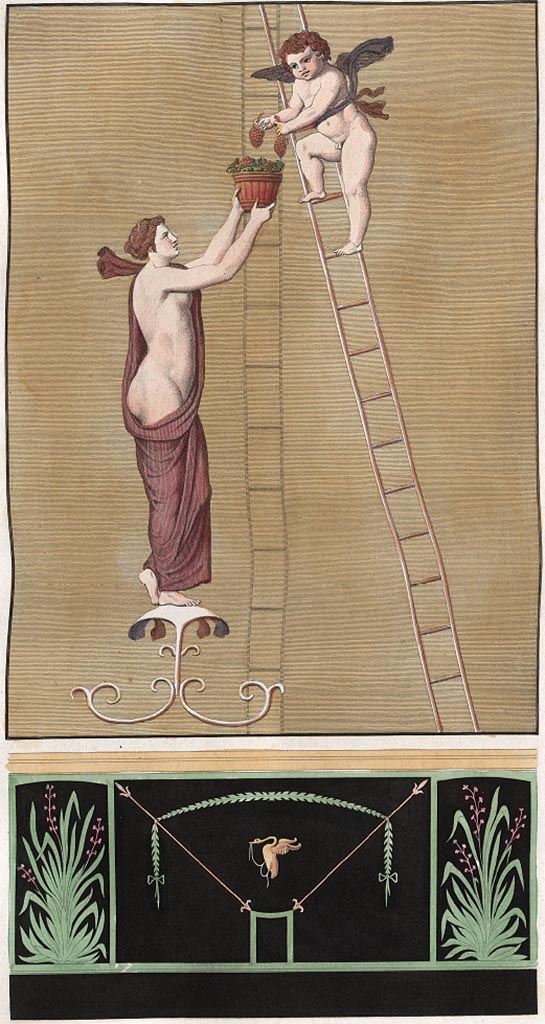 VIII.3.14 Pompeii. Upper south wall of cubiculum.
Painting by Mazois showing a Cupid on a ladder placing grapes into a bucket held by a young girl.
The lower painting from a zoccolo, may or may not be from this house.
See Mazois, F., 1838. Les Ruines de Pompei : Quatrième Partie. Paris : Didot Frères, (vol.4, 1838, Pl.1.)
Mazois died in 1826, and this volume IV was published in 1838.
In the description of this painting called “La Vendange” (The Harvest) – it says –
“Mazois did not leave any note to indicate the place where he had found this wall painting, and the collections that we have consulted have not been able to give us any information in this regard.
But Mazois formally intended this first plate to be placed before the views of the Greek temple and the puteal. (Pl. II, fig, I and II).”