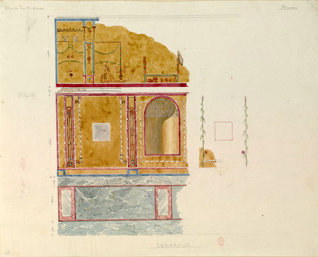 VIII.3.14 Pompeii. Undated watercolour painting showing south wall of cubiculum, on left, with sketch from west wall, on right.
The INHA web site records: "Maison du triclinium Pompeii" "Lararium" : Casa della Regina Carolina (VIII, 3, 14) (reproduction de peinture)
See Chenavard, Antoine-Marie (1787-1883) et al. Voyage d'Italie, croquis Tome 3, pl. 120.
INHA Identifiant numérique : NUM MS 703 (3). See Book on INHA
Document placé sous « Licence Ouverte / Open Licence » Etalab