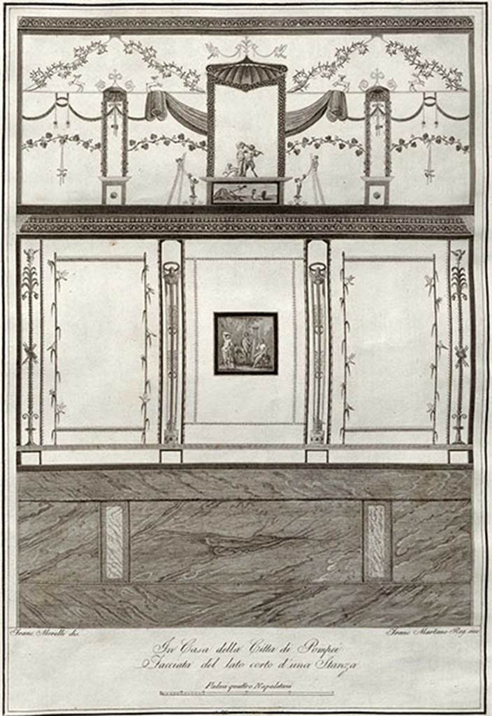 VIII.3.14 Pompeii. Painting by F. Morelli, as published in 1838, of west wall of cubiculum.
See Gli ornati delle pareti ed i pavimenti delle stanze dell'antica Pompei incisi in rame: 1838, tav. 65, indice 65.