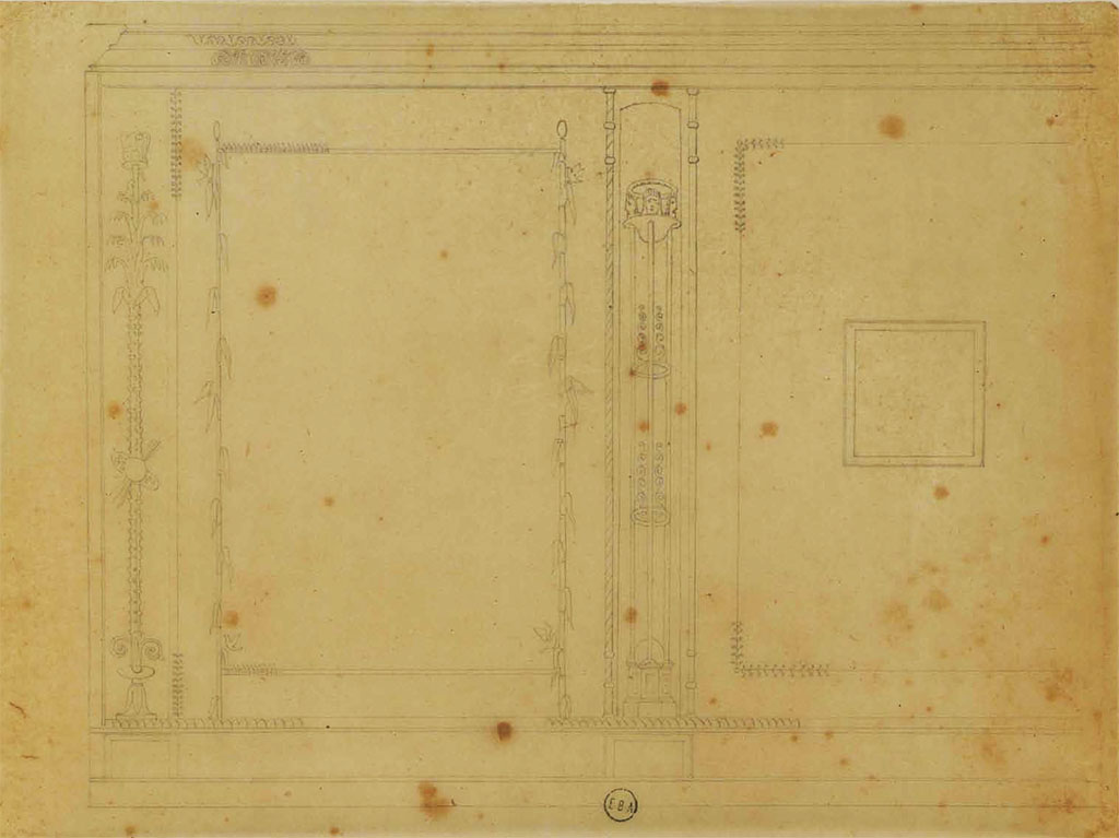 VIII.3.14 Pompeii. Undated sketch by J.B.C Lesueur of part of west wall of cubiculum, showing three masks on top of the painted candelabra.
See Lesueur, Jean-Baptiste Ciceron. Voyage en Italie de Jean-Baptiste Ciceron Lesueur (1794-1883), pl. 97.
See Book on INHA reference INHA NUM PC 15469 (04) « Licence Ouverte / Open Licence » Etalab