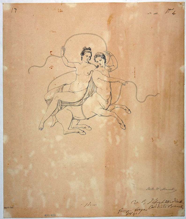 VIII.3.14 Pompeii. Drawing by Giuseppe Abbate, 1840, of centaurs seen above the predella in a panel on a wall of the corridor leading from atrium to peristyle.
See Helbig, W., 1868. Wandgemälde der vom Vesuv verschütteten Städte Campaniens. Leipzig: Breitkopf und Härtel, (Helbig 503).
Now in Naples Archaeological Museum. Inventory number ADS 825.
Photo © ICCD. http://www.catalogo.beniculturali.it
Utilizzabili alle condizioni della licenza Attribuzione - Non commerciale - Condividi allo stesso modo 2.5 Italia (CC BY-NC-SA 2.5 IT)