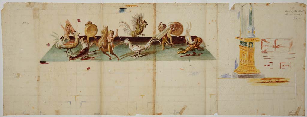 VIII.3.14 Pompeii. Preparatory painting by Michele Mastracchio of one of the atrium predellas, showing a fight between pygmies and chickens.
Now in Naples Archaeological Museum. Inventory number ADS 823.
Photo © ICCD. http://www.catalogo.beniculturali.it
Utilizzabili alle condizioni della licenza Attribuzione - Non commerciale - Condividi allo stesso modo 2.5 Italia (CC BY-NC-SA 2.5 IT)